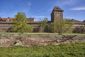 City fortification, city wall, defence defence tower, trees, meadow, historic buildings, blue sky,