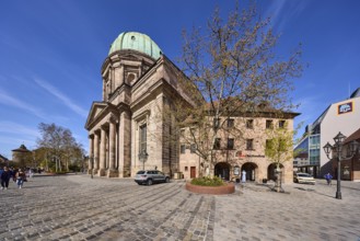 Church of St Elisabeth, dome, architectural style classicism, square, cobblestone pavement,