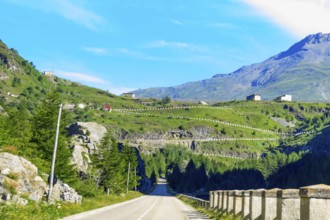 South ramp access road with hairpin bends on a steep slope to the Mont Cenis Pass Col du Mont Cenis