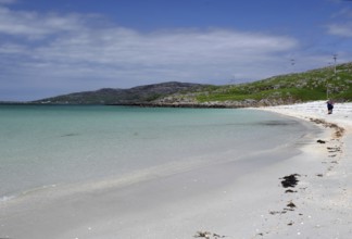 Clear bright blue beach with gentle waves under a cloudless sky, two people at the water's edge,