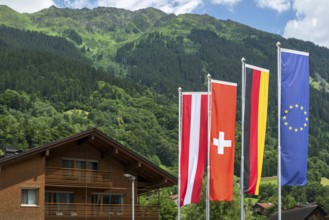 National flags Austria, Switzerland, Germany and Europe, Schruns, Austria