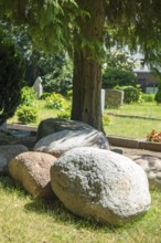 Massive erratic blocks, boulders, granite stones, Lutheran cemetery, Heisfelder StraÃŸe, Leer, East