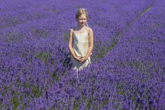Blonde girl, 9 years old, standing in blooming lavender field in Köpingebro, Ystad Municipality,