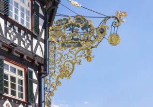 Town view of Nagold in the northern Black Forest. Half-timbered house Hotel Post on the suburban