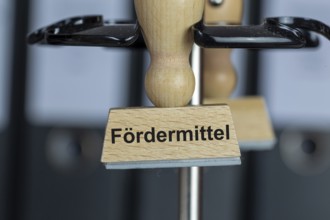 Stamp with added text FÃ–RDERMITTEL on a desk (symbolic image)