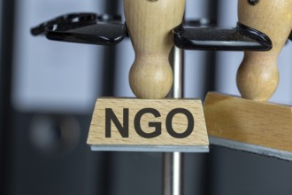 Stamp with added text NGO on a desk (symbolic image)