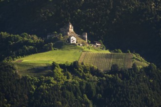 View of Annenberg Castle in the evening light, Dolomites, South Tyrol, mountains, Latsch, Goldrain,