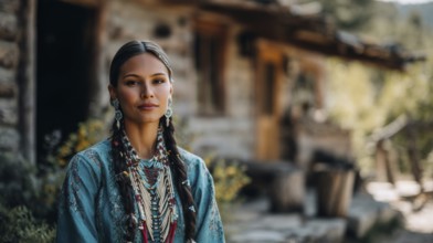 Beautiful and attractive native indigenous north american woman in first nation clothes in
