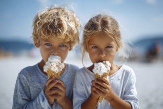 Closeup of a portrait of a children eating ice cream in hot summer day. Happy playful smiling