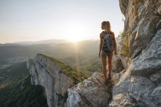 Young attractive lady trekking in the mountains at sunset. Scenic mountain landscape and beautiful