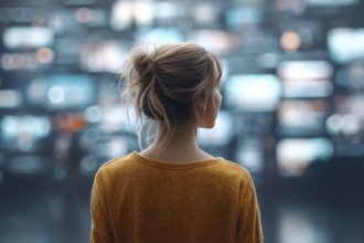 Concept of future entertainment and communication. Attractive young lady looking at wall of TVs, AI