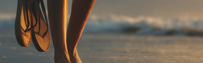 Bare feet tanned woman walking on a sunset beach and holding pair of sandals in her hand, AI
