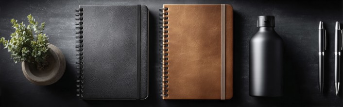 Minimalistic flat lay of office workflow productivity tools that improve efficiency and saving time