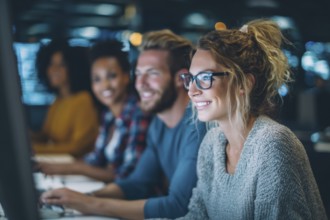 Diverse employees in corporate environment support center analyzing data and helping customers to