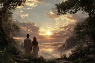 Bible story of Adam and Eve in Paradise Garden of Eden. Legend of Original sin and Temptation.