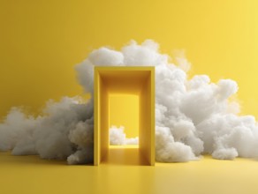 Abstract minimal yellow background with white clouds flying out the tunnel. Entrance to heavens, AI
