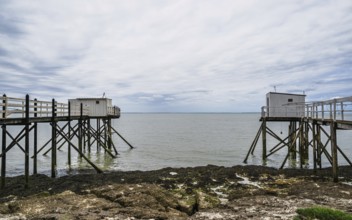 Fishing huts over Randonnee entre Histoire et Nature from a drone, Fouras, Fouras-les-Bains,