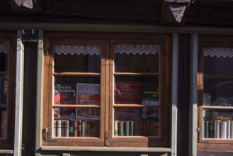 Decorated shop window with historical railway books and nostalgic flair, antiquarian bookshop,