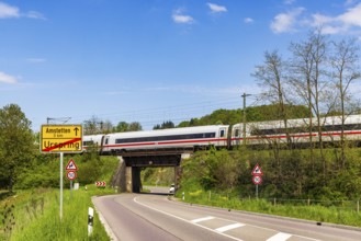 InterCityExpress ICE en route on the Swabian Alb near Lonsee. Landscape with railway bridge near