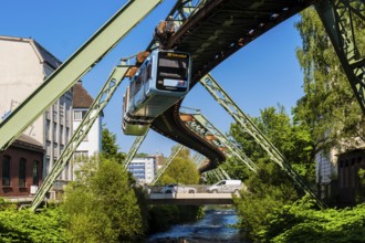 The Wuppertal suspension railway near the Wupperfeld stop in Wuppertal, Germany