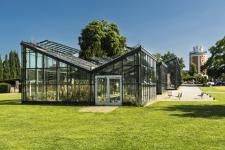 Greenhouses and Elisenturm of the Botanical Garden in the Hardt-Anlagen in Wuppertal, Germany