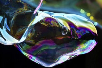 Irregular, iridescent soap bubble in the colours of the rainbow against a black background,