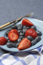 Plate with strawberries and blueberries, Fragaria, Vaccinium