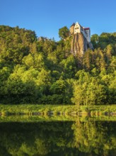 Prunn Castle on a steep cliff above the AltmÃ¼hl Valley in the evening light, reflection in the