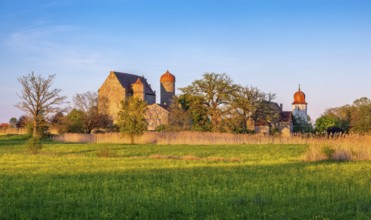 View over wildflower meadow at Sommersdorf Castle near Burgoberbach in the AltmÃ¼hl Valley in the