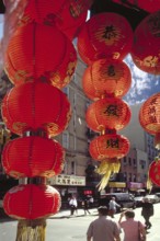 Red lampignons in front of a shop in China Town, New York City, USA