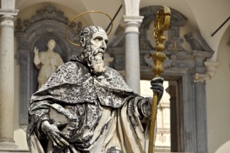 Statue of St Benedict of Nursia by sculptor P. Campi of Carrara, Bramante Cloister, Benedictine