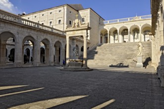 Bramante cloister with cistern and statues of St Benedict and St Scholastica of Nursia, Benedictine