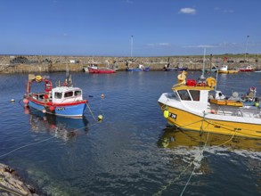 Colourful fishing boats float in the calm waters of a small harbour under a blue sky,