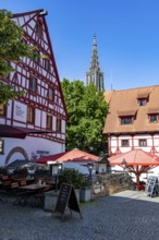 Restaurant with beer garden in a half-timbered house, behind the tower of Ulm Minster, Ulm,