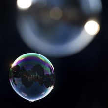 Two shimmering and floating soap bubbles against a black background, Recklinghausen, North