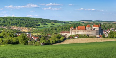 View over a green field to Harburg Castle, Donau-Ries, Swabia, Bavaria, Germany