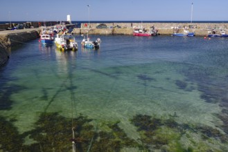 Clear blue water on a sunny day with boats in the harbour, fishing, Aberdeenshire, Scotland, United