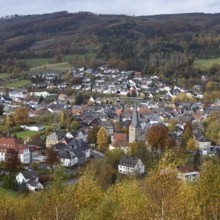 View over a town in the Sauerland... Balve in late autumn, view from the Pius chapel to the old