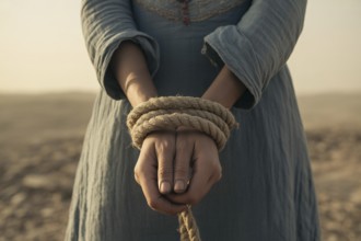 Tied hands of a woman in a desert landscape. Cinematic portrait symbolizing female oppression and