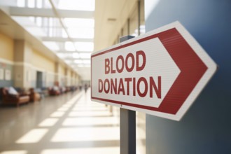 Close up of directional arrow sign with red Blood Donation text inside a hospital. Generative Ai,