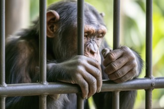 Very ssad chimpanzee sits behind bars in a zoo enclosure reflecting captivity and animal welfare