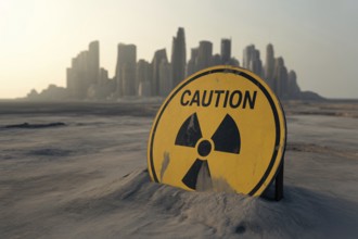Radiation warning sign with text Caution in scorched earth. with destroyed city. Symbol for danger