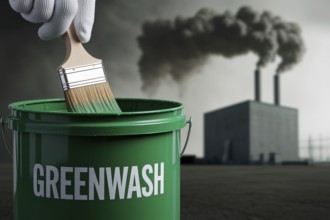 Gloved hand stirs Greenwahs paint in front of gray smoking factory. A stark critique of corporate