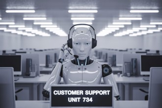 AI robot with headset in empty call center. Automation replacing human customer service roles.