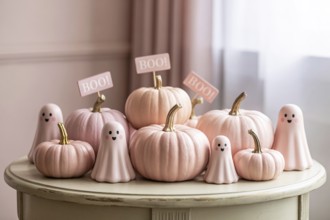 Pastel pink Halloween decoration with cute ghosts and decorative pumpkins. Whimsical and modern