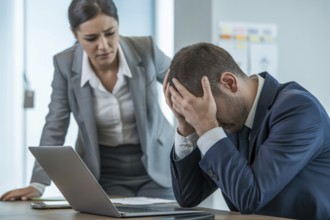 Female coworker supporting emotional male colleague in office. Concept of mankeeping and women's