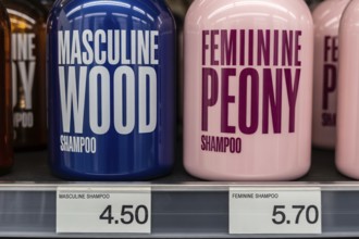 Close-up of blue and pink shampoo bottles with unequal prices. Visual concept of the pink tax.