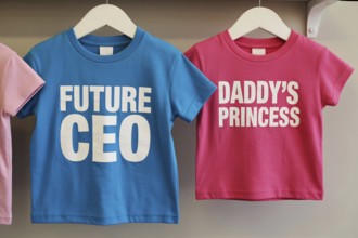 Pink and blue children's shirts with stereotypical CEO and princess text, highlighting early gender