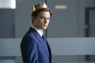 Young man in suit wearing golden crown. Studio portrait symbolizes quiet male authority and the