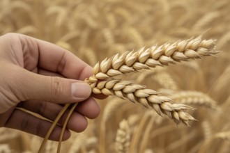 Man's hand holding wheat grains in front of golden wheat field at harvest time. Generative ai, AI